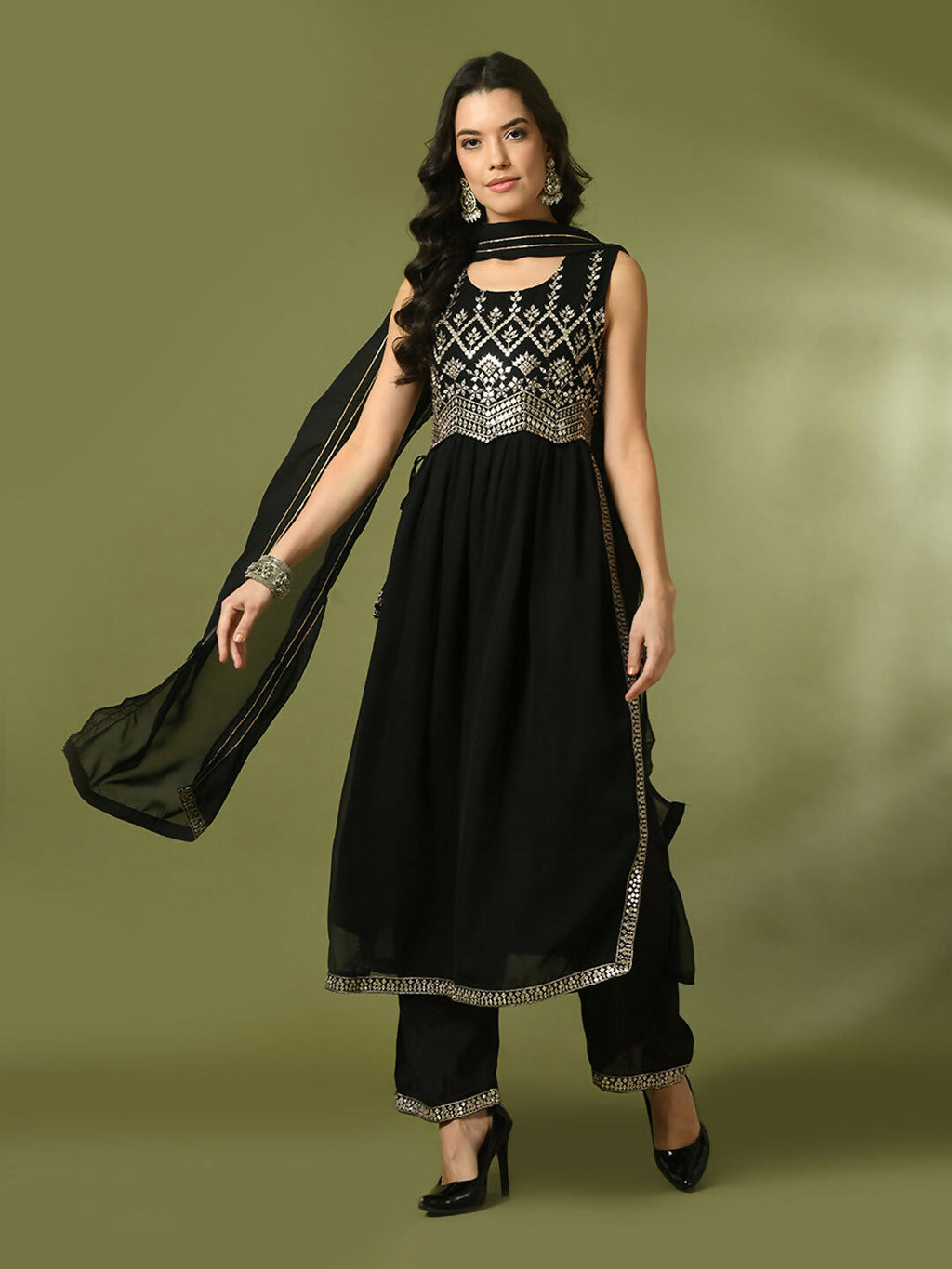 Myshka Women's Black Embroidered Georgette Anarkali Party Kurta Set With Dupatta