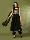 Myshka Women's Black Embroidered Georgette Anarkali Party Kurta Set With Dupatta