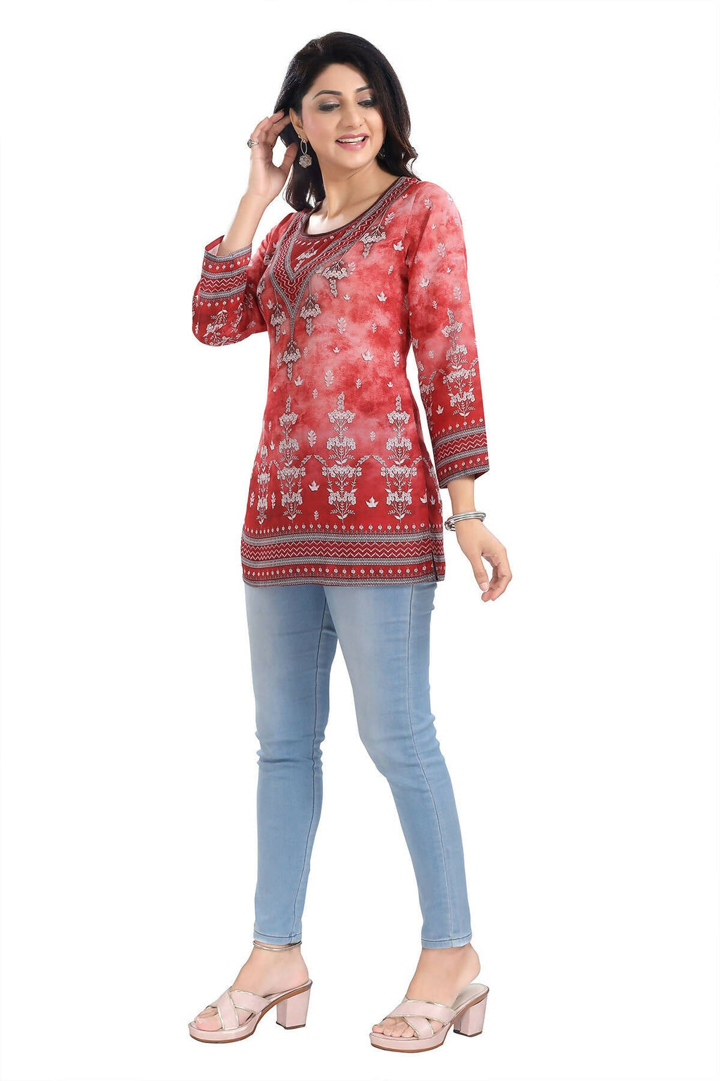Snehal Creations Rustic Rust Faux Crepe Printed Short Kurti Tunic Top - Distacart