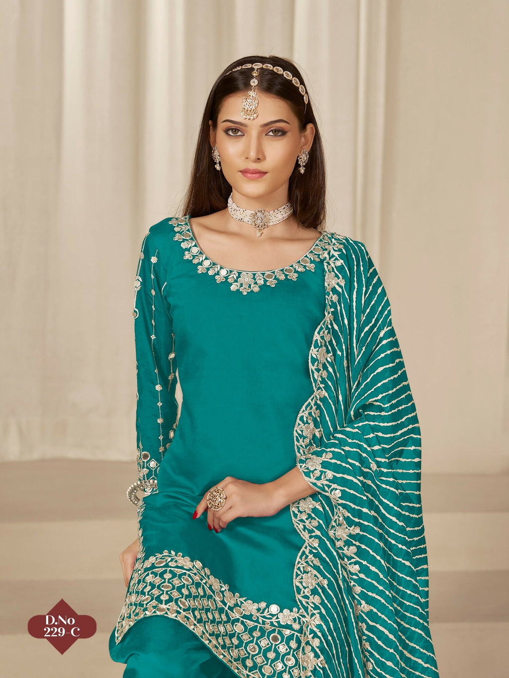 Anaita Turquoise Roman Silk Stitched Suit with Embroidery & Real Mirror Work - Distacart