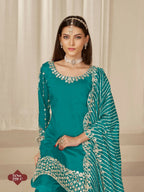 Anaita Turquoise Roman Silk Stitched Suit with Embroidery & Real Mirror Work - Distacart
