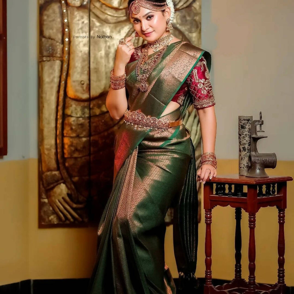 DEIANA'S Beautiful Designer Golden zari Soft Lichi Silk Saree - Green