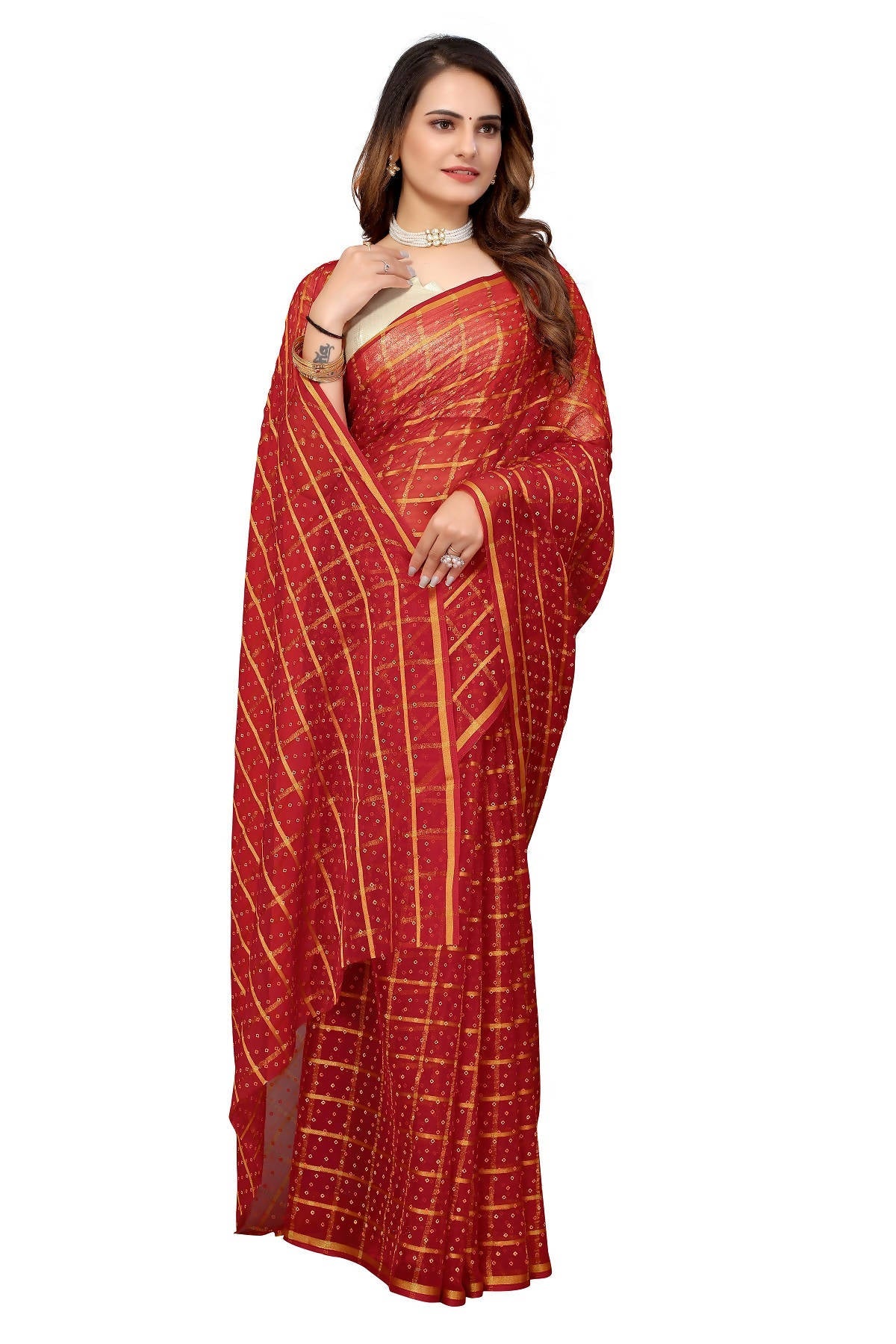 Vamika Ethnic Fire Red Jari Work Chiffon Saree - Distacart