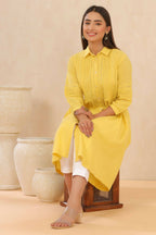 Juniper Womens Blush Yellow Cotton Slub Solid Mid Length Shirt Dress With Lace Detailing - Distacart