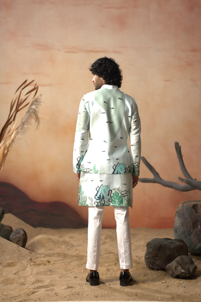 Seabed Serenity Cotton Satin Nehru Jacket by Hilo Design