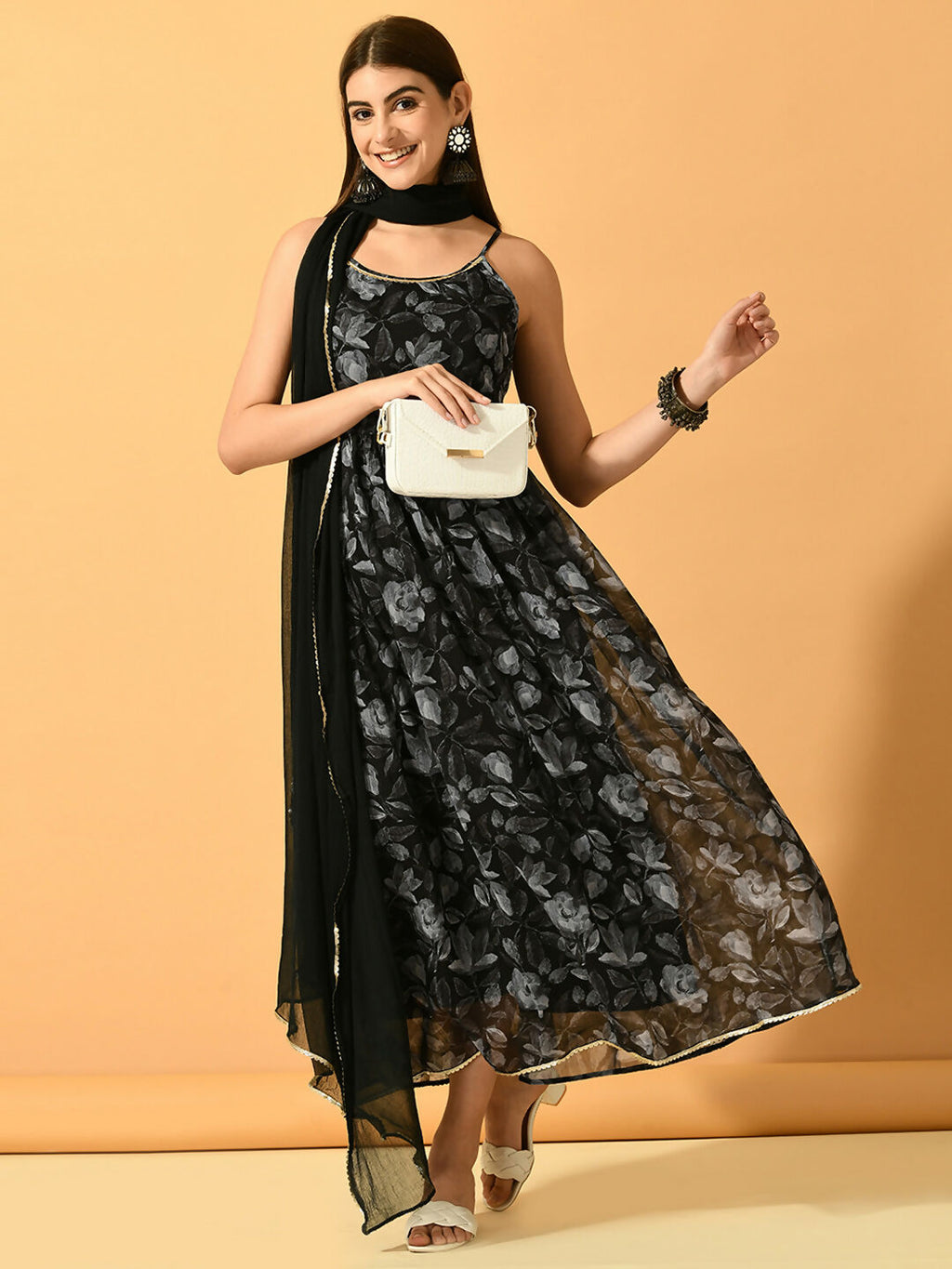 Myshka Women's Black Festive Flared Anarkali Kurta With Dupatta sets