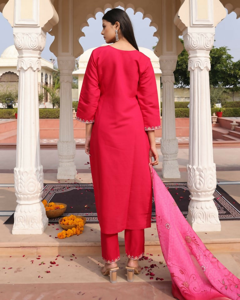 Jyoti Fashion Women's Pink Cotton Silk Hand Work with Floral Printed Kurta Set