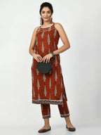 Myshka Women's Rust Printed Kurta With Trouser