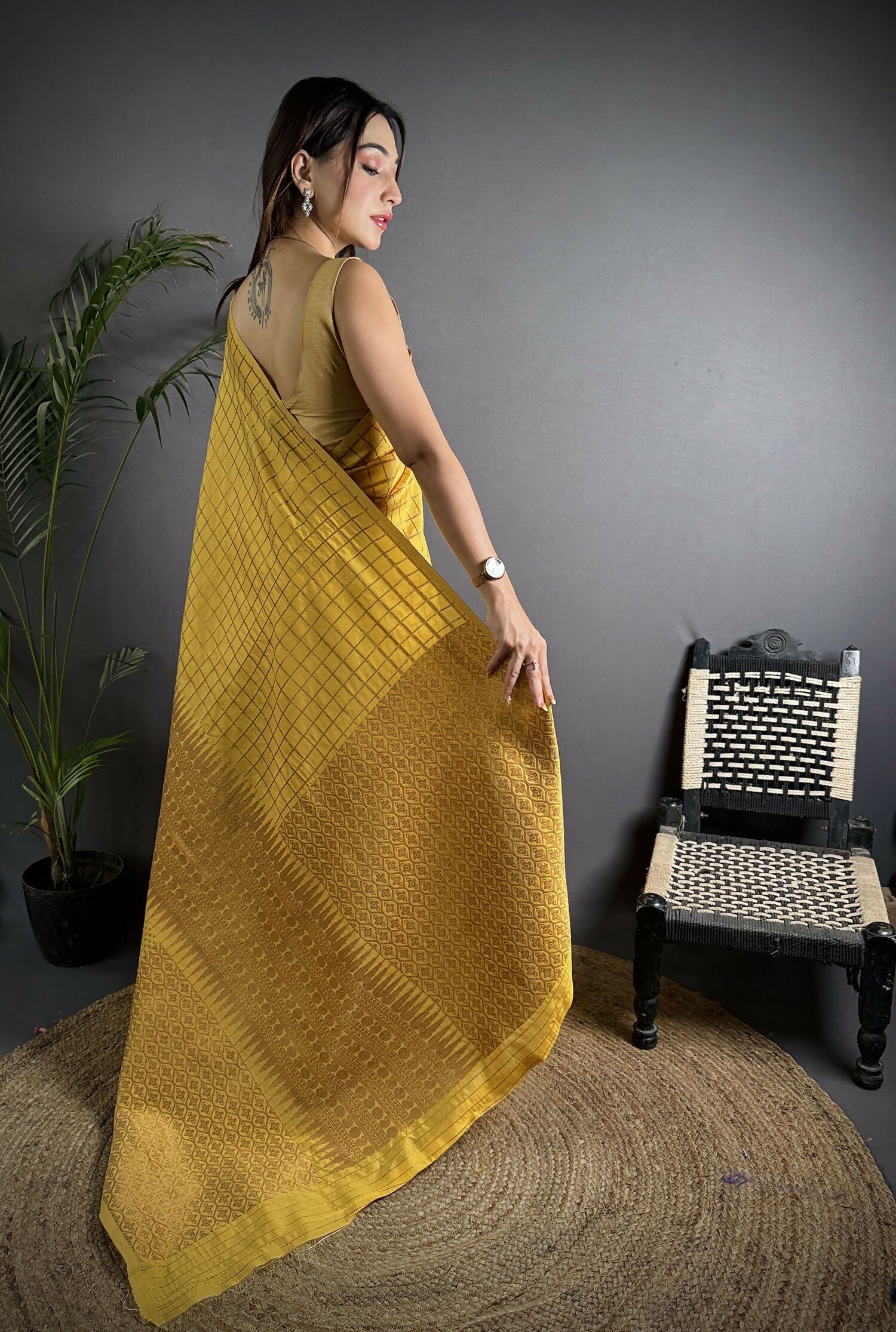 Joban Fashion Golden Yellow Banarasi Soft Lichi Silk Checks & Woven Saree - Distacart