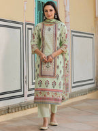Juniper Women's Lime Green Cambric Floral Placement Printed Straight Fit Kurta Sets - Distacart