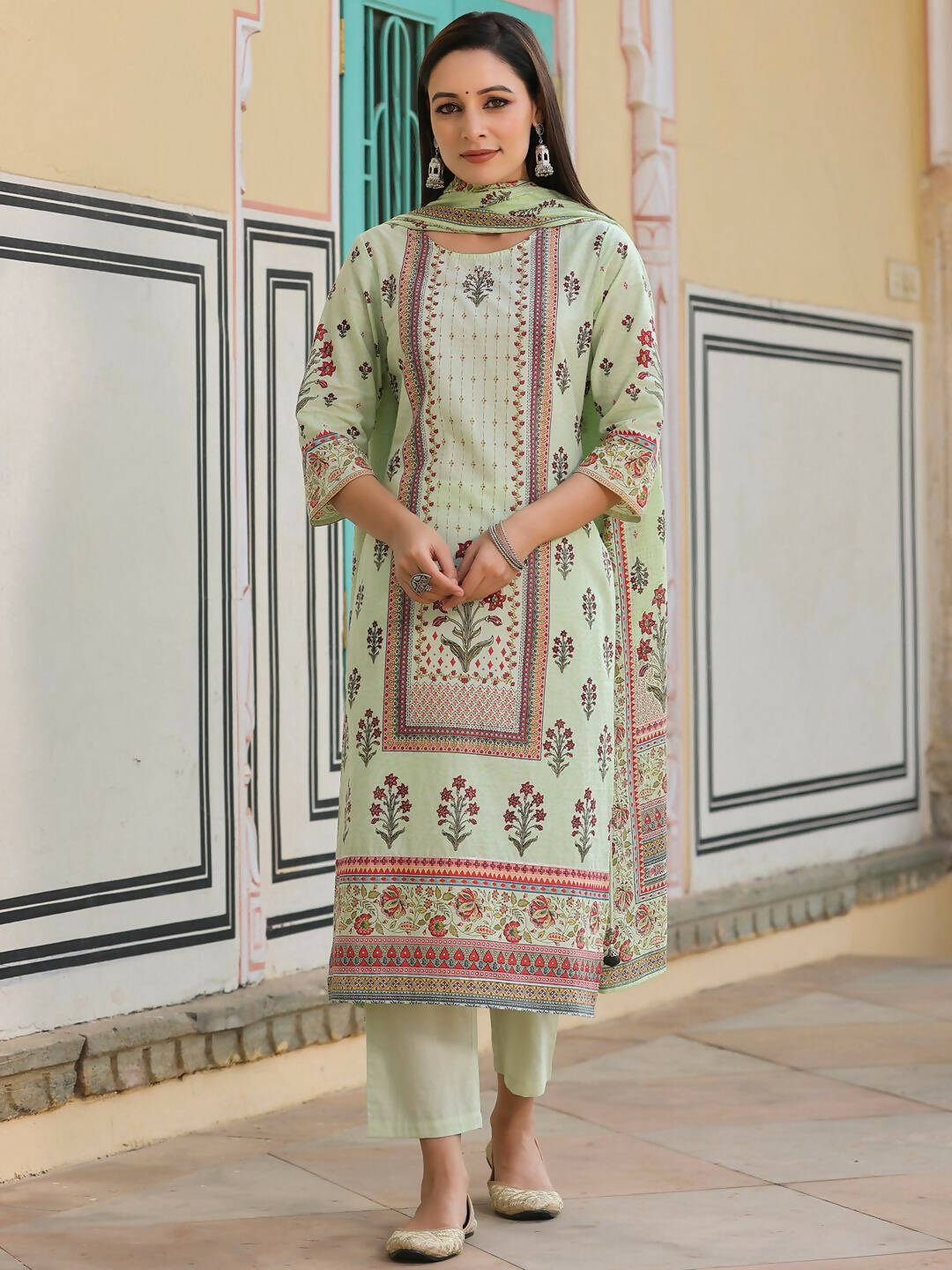 Juniper Women's Lime Green Cambric Floral Placement Printed Straight Fit Kurta Sets - Distacart
