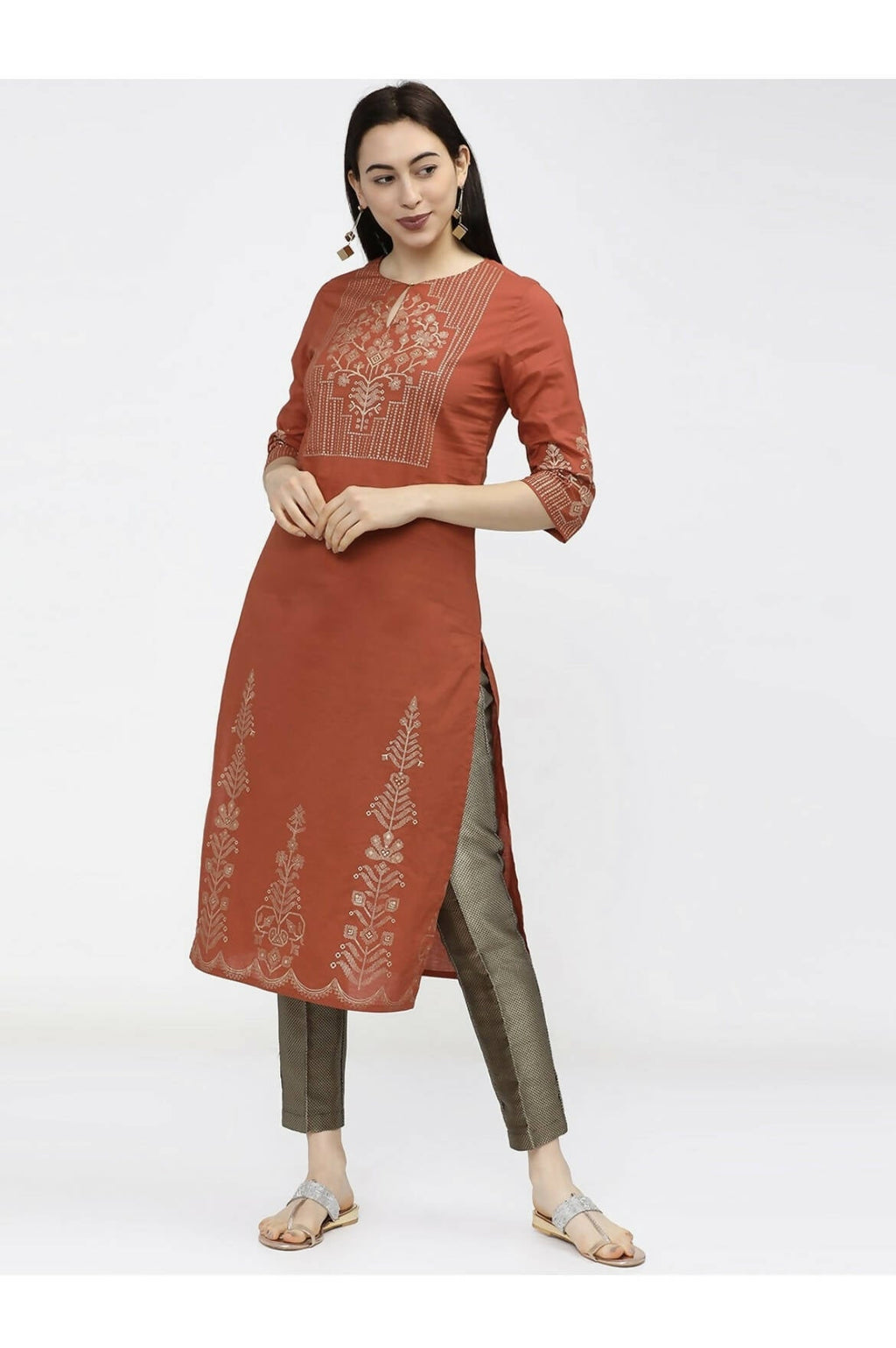Cheera Embellished Daily Wear Cotton Blend Kurta - Brown