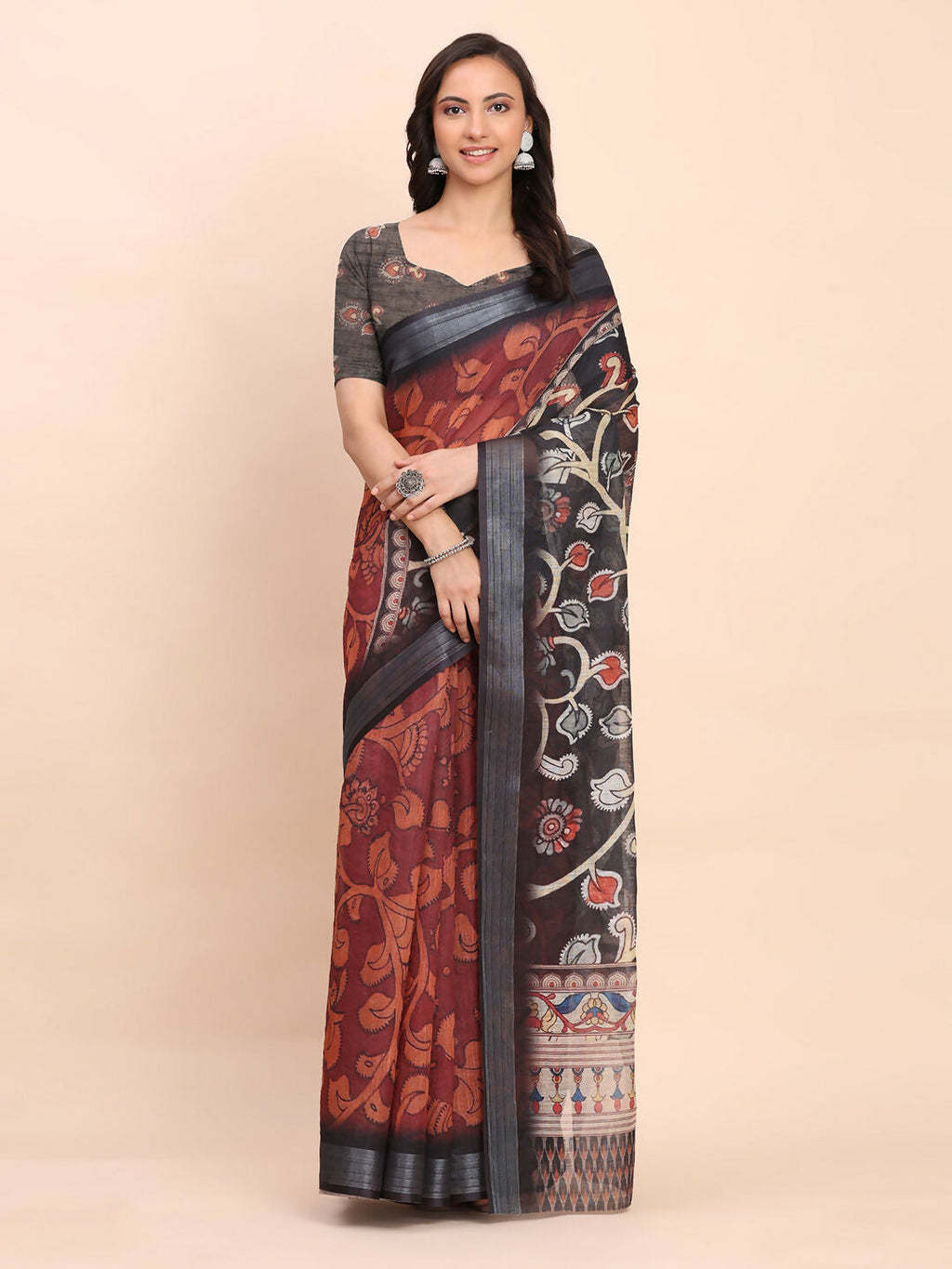 Shree Shyam Fashion Linen Cotton Maroon Saree - Distacart