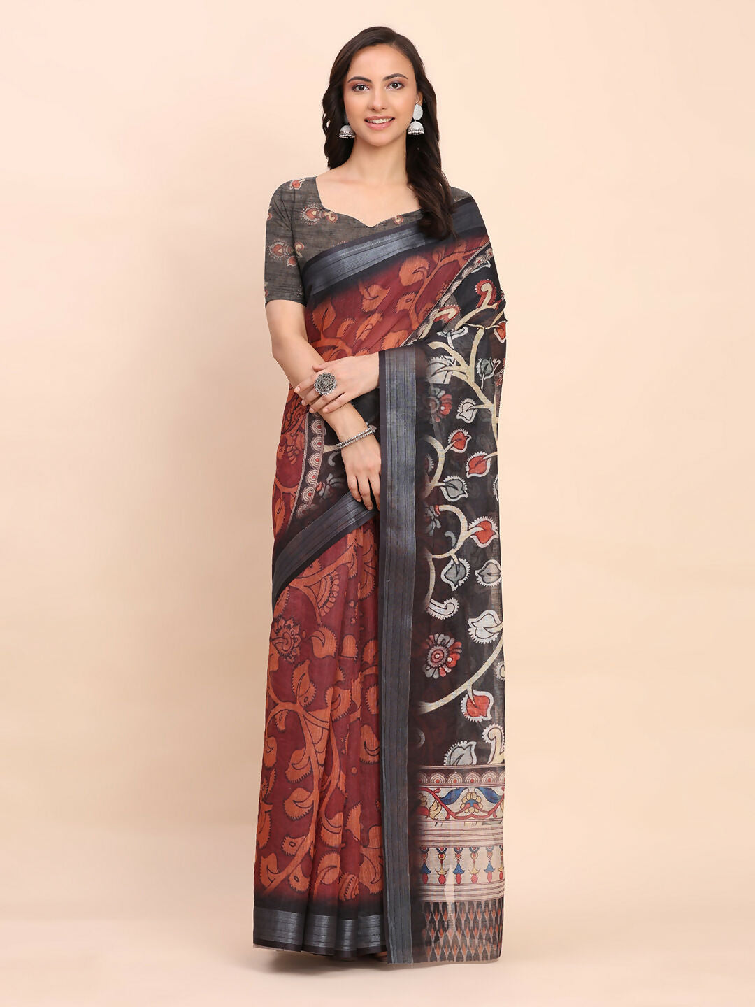 Shree Shyam Fashion Linen Cotton Maroon Saree - Distacart