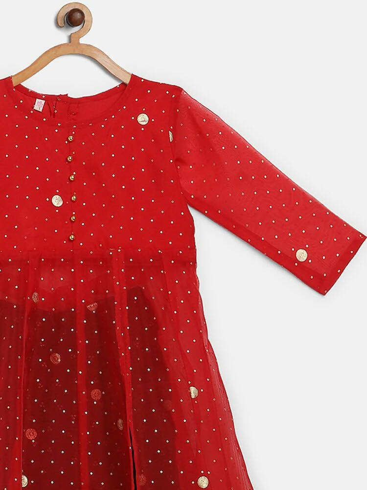 Ahalyaa Red Organza Kids Kurta Palazzo Set For Girls