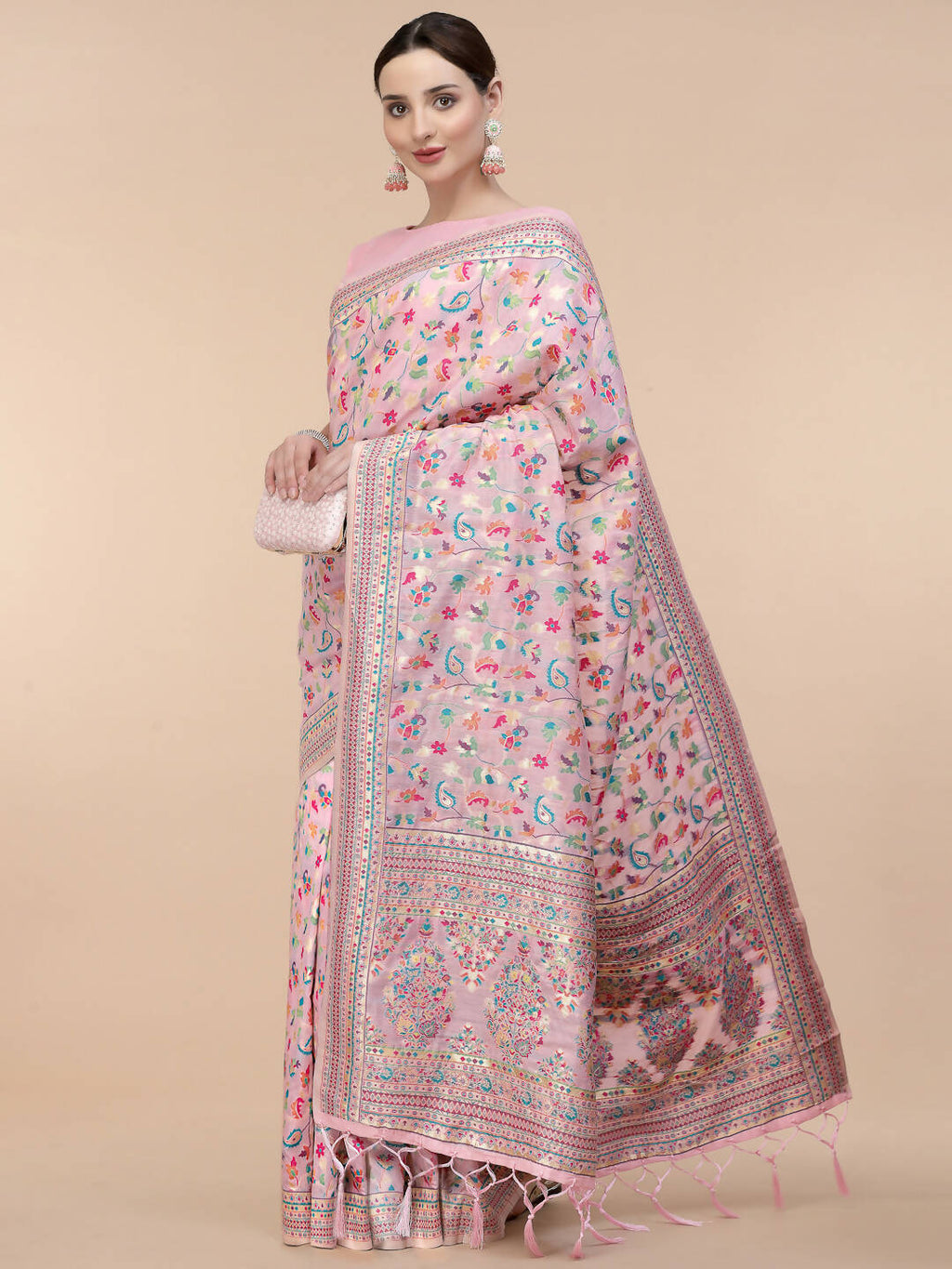 Light Pink Silk Blend Woven Design Saree With Unstitched Blouse Piece - Aloki