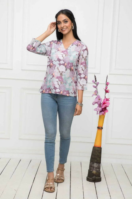 Myshka Women Multi-Floral V-Neck Regular Sleeves Viscose Rayon Top