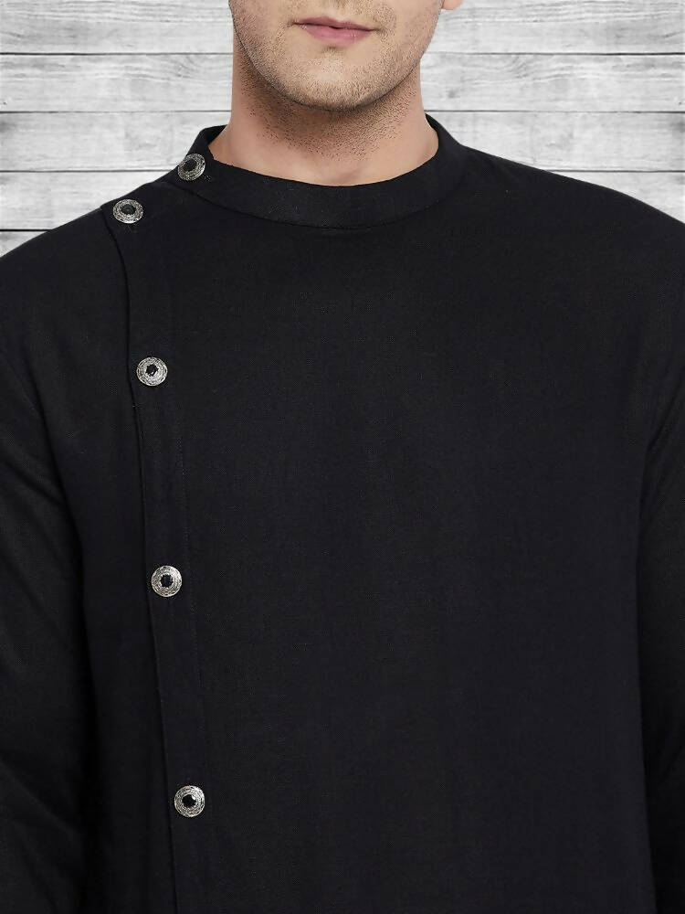 Even Apparels Black Cotton Linen Asymetrical Kurta - Black