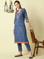 Myshka Women's Blue Straight Kurta & Trousers