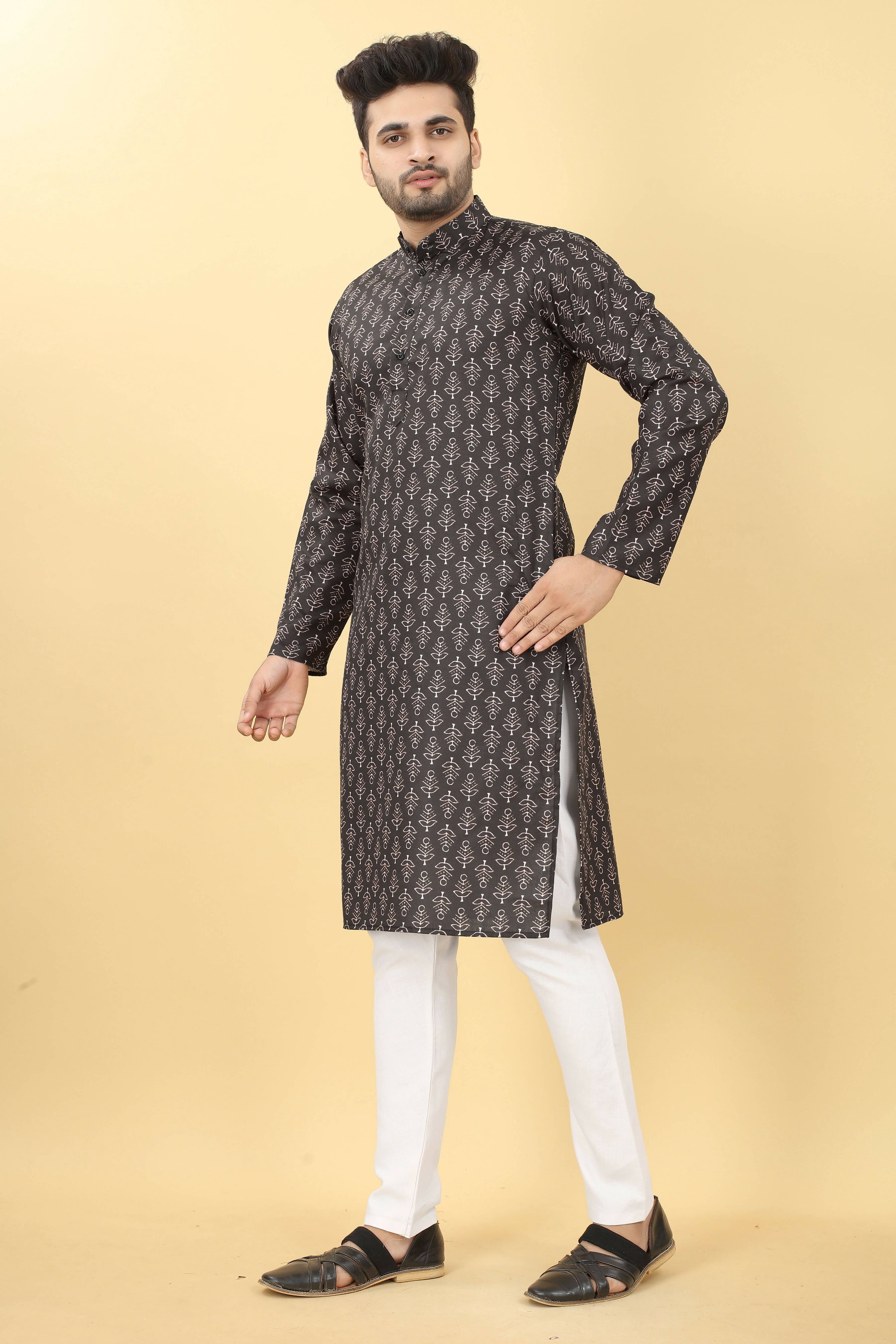 Black Cotton Printed Men's Kurta - Mahotsav