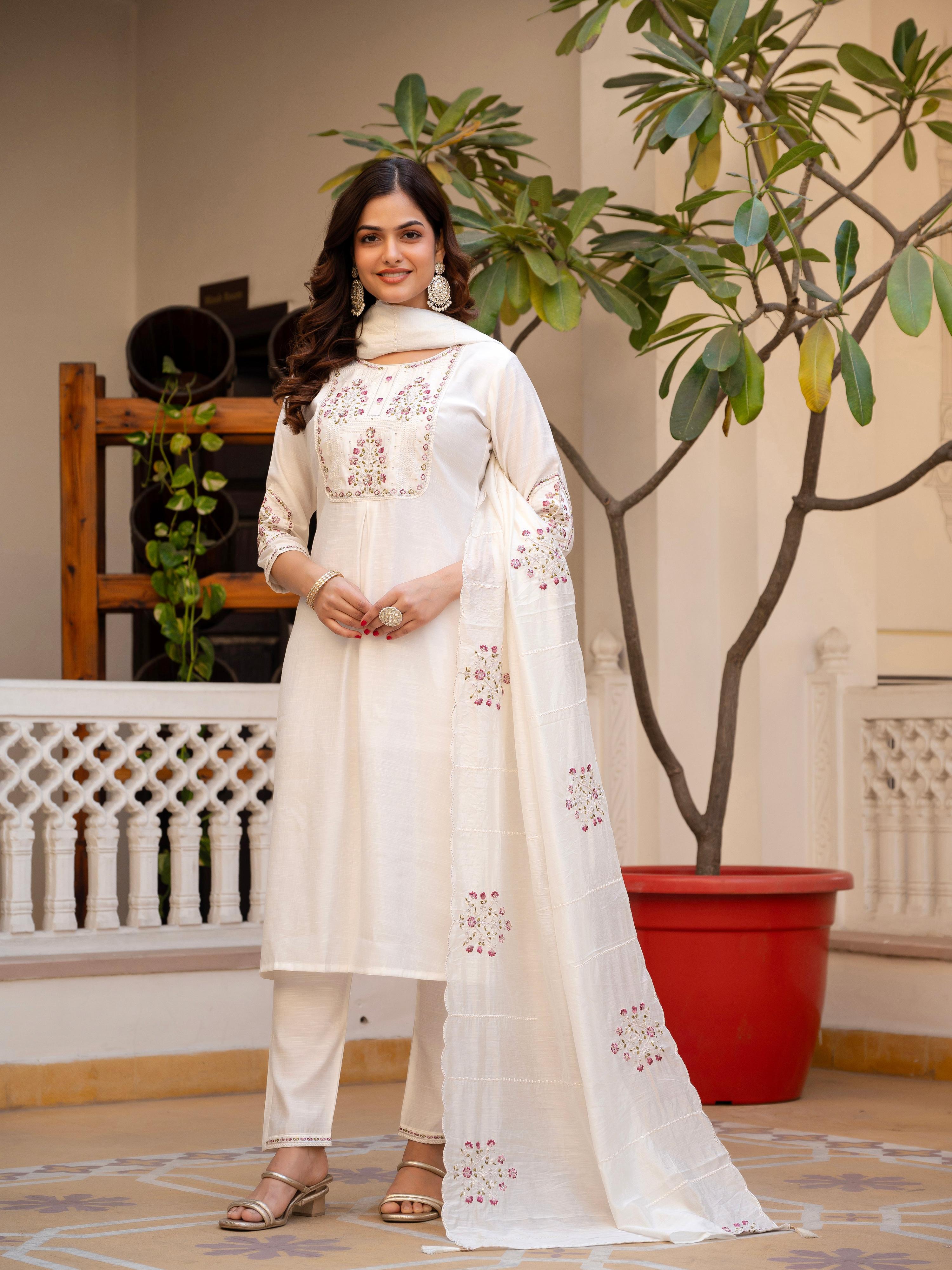 Pramukh Fab White Color Viscose Mango Silk Kurta Set - Distacart
