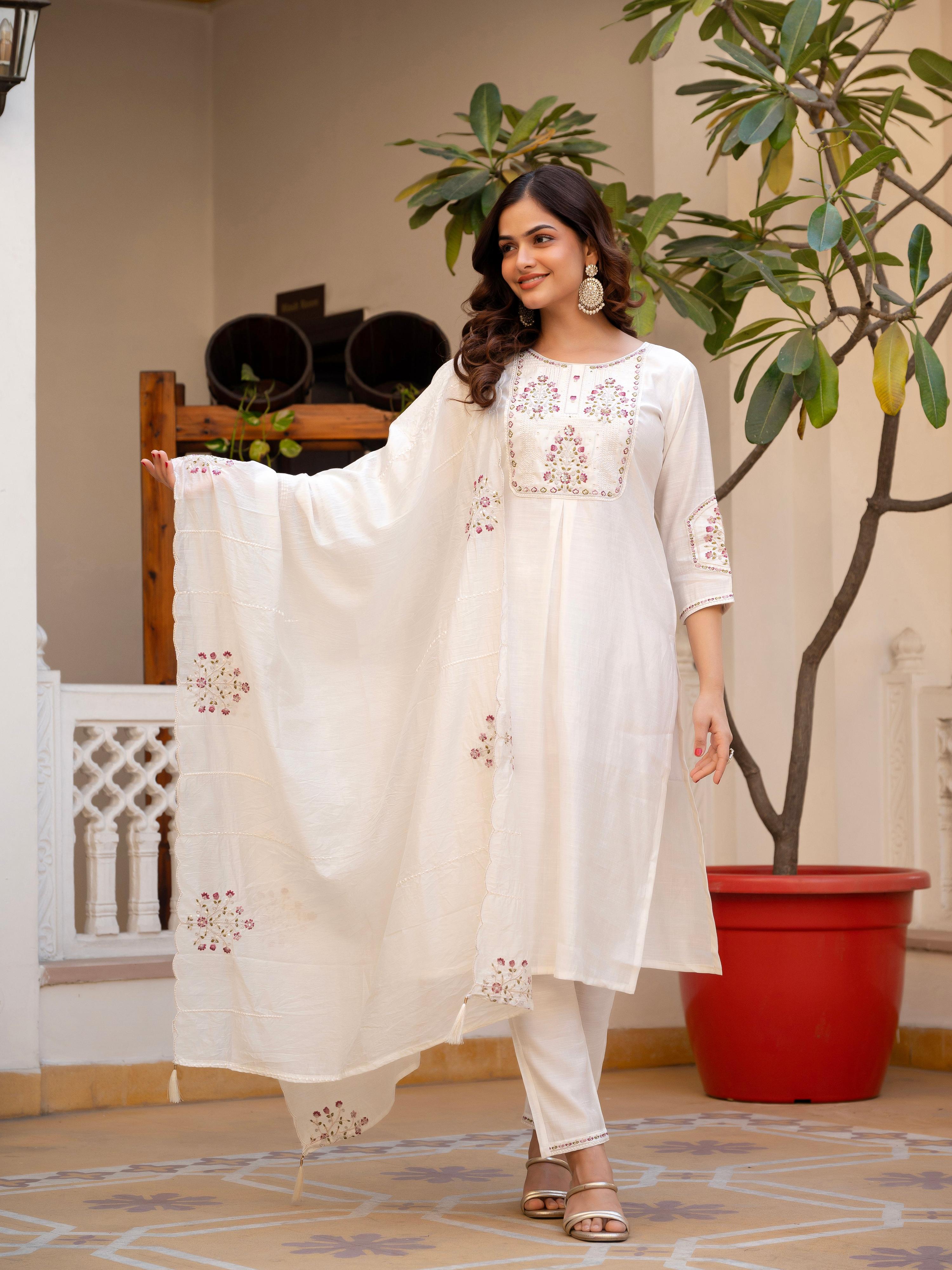 Pramukh Fab White Color Viscose Mango Silk Kurta Set - Distacart