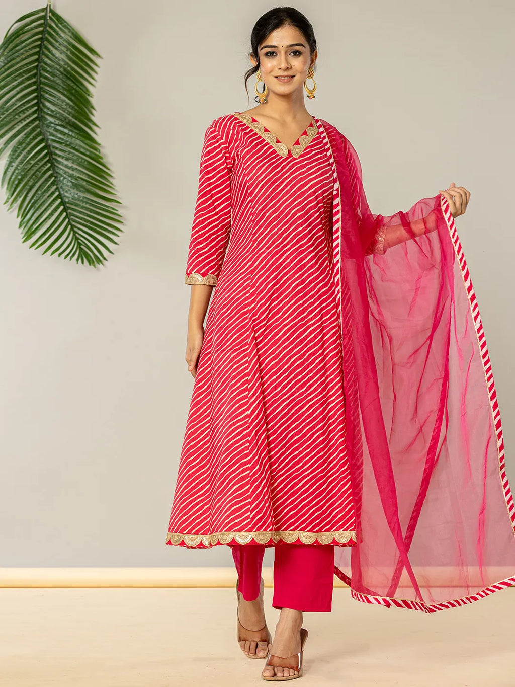 Yufta Pink Leheriya Print Cotton A-Line Suit Set