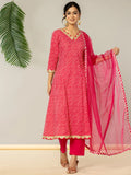 Yufta Pink Leheriya Print Cotton A-Line Suit Set