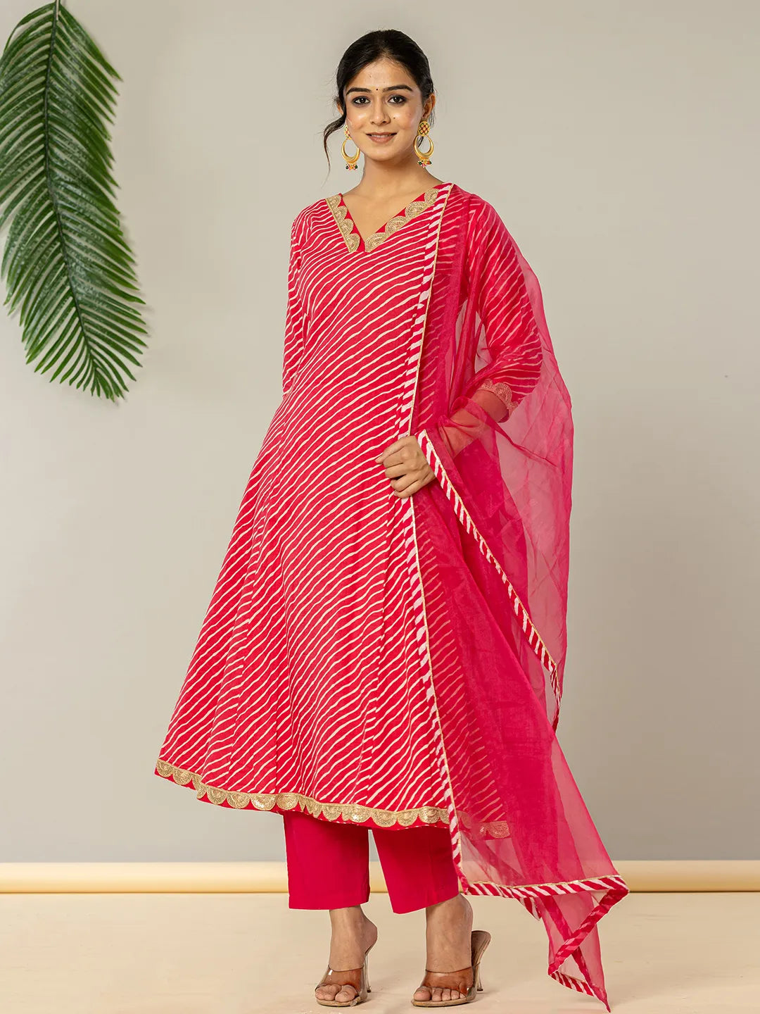 Yufta Pink Leheriya Print Cotton A-Line Suit Set