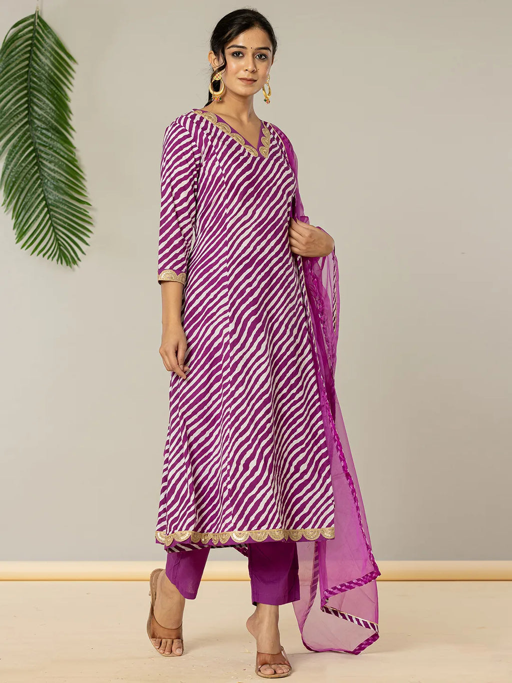 Yufta Purple Leheriya Print Cotton A-Line Suit Set