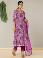 Yufta Purple Leheriya Print Cotton A-Line Suit Set