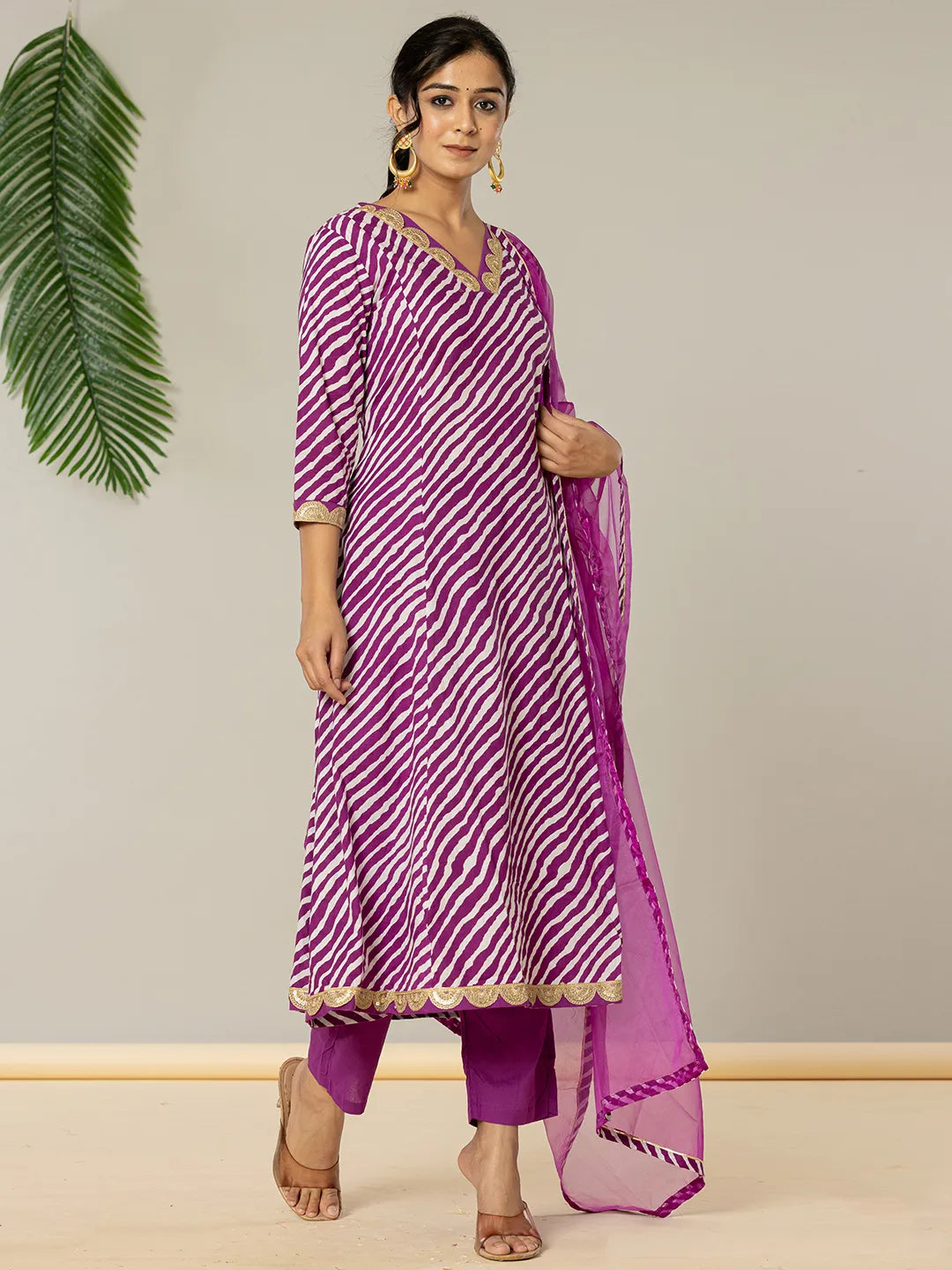 Yufta Purple Leheriya Print Cotton A-Line Suit Set