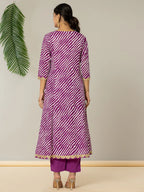 Yufta Purple Leheriya Print Cotton A-Line Suit Set