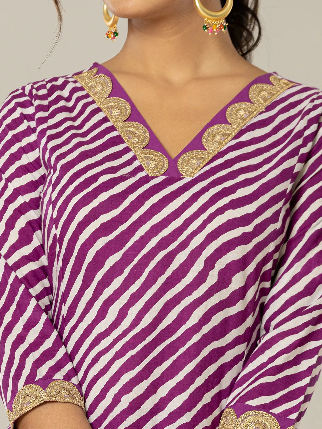 Yufta Purple Leheriya Print Cotton A-Line Suit Set