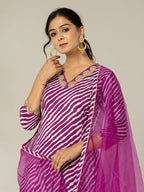 Yufta Purple Leheriya Print Cotton A-Line Suit Set