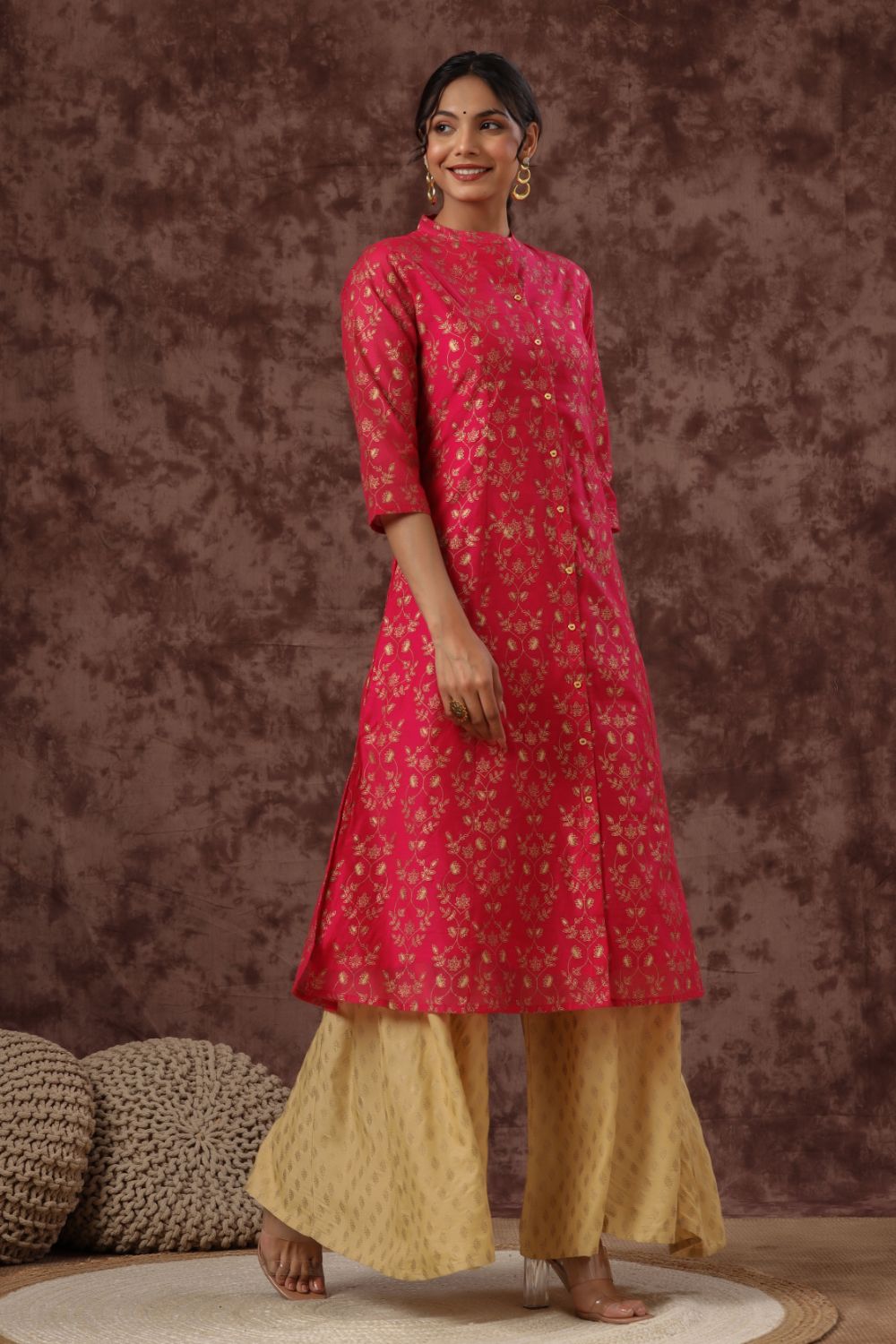 Juniper Womens Fuschia Chanderi Foil Printed Kurta - Distacart
