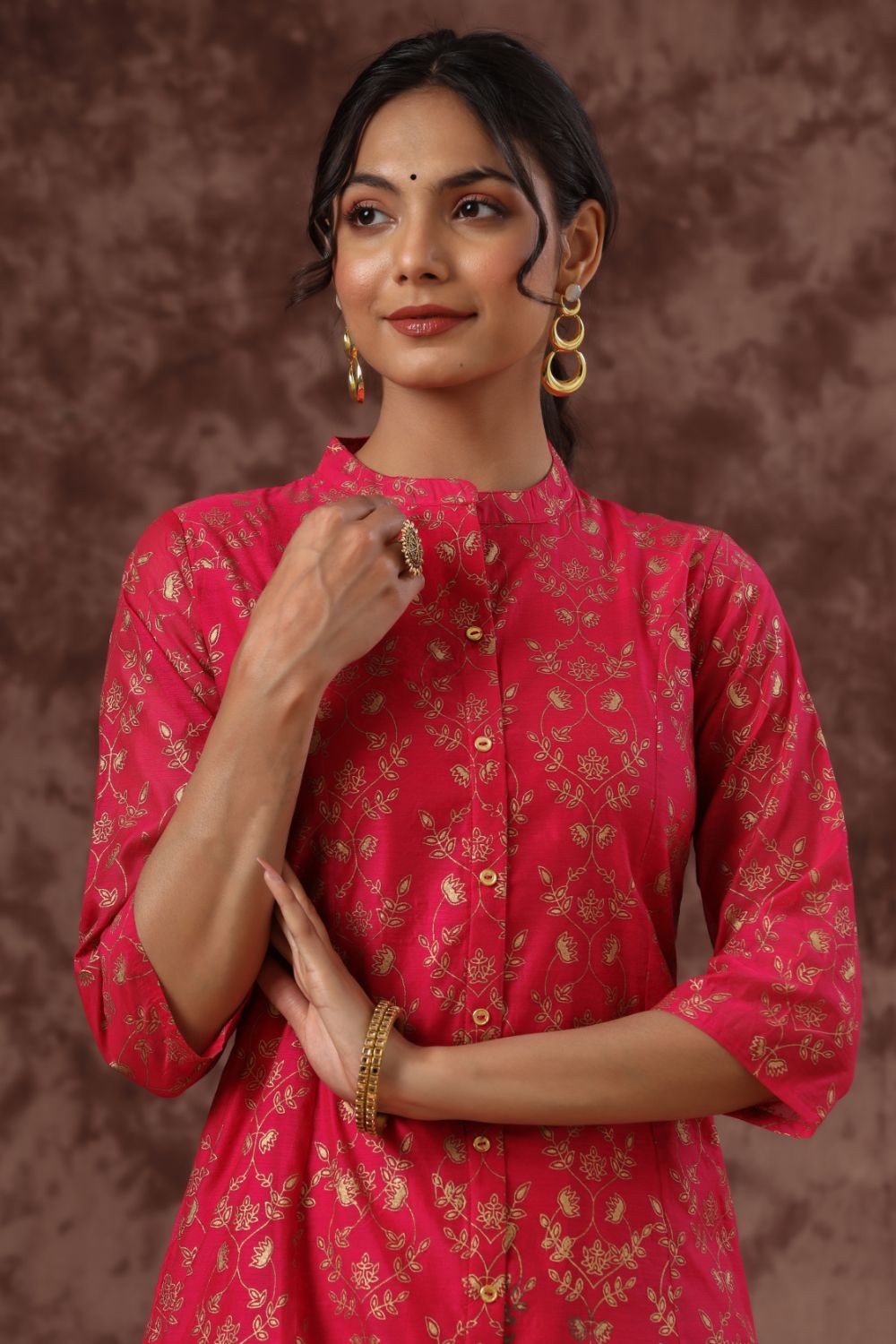 Juniper Womens Fuschia Chanderi Foil Printed Kurta - Distacart