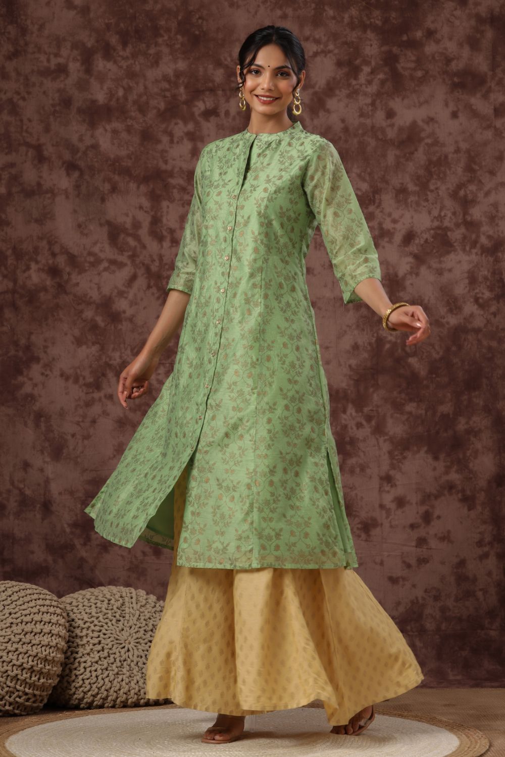 Juniper Womens Pistagreen Chanderi Foil Printed Kurta - Distacart
