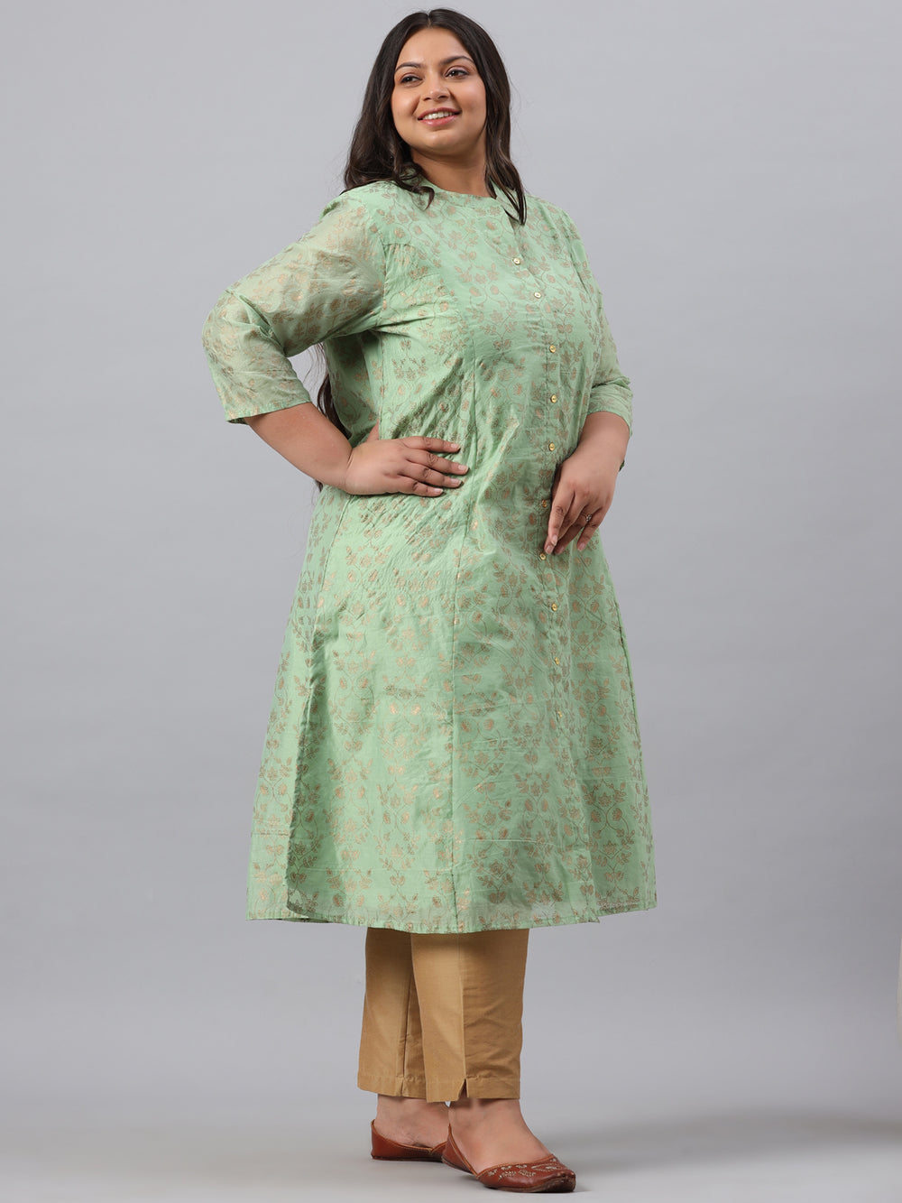 Juniper Women`s Pistagreen Chanderi Silk Printed A-Line Kurta - Distacart