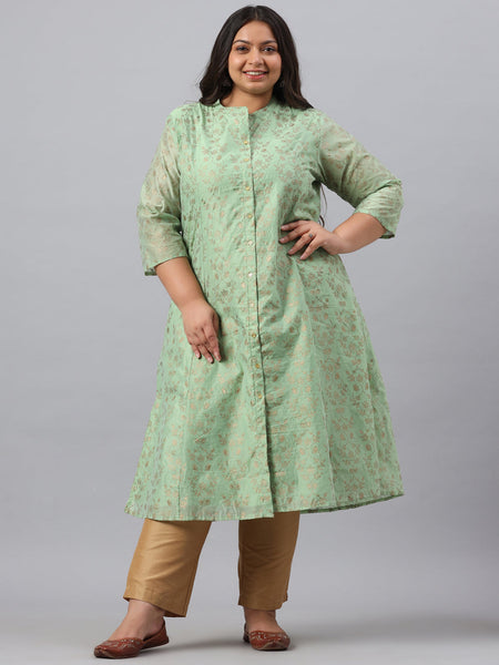 Juniper Women`s Pistagreen Chanderi Silk Printed A-Line Kurta