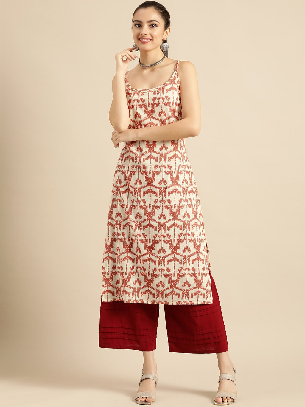 Sangria Women White & Rust Red Printed Cotton Kurta