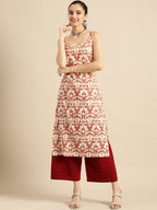 Sangria Women White & Rust Red Printed Cotton Kurta