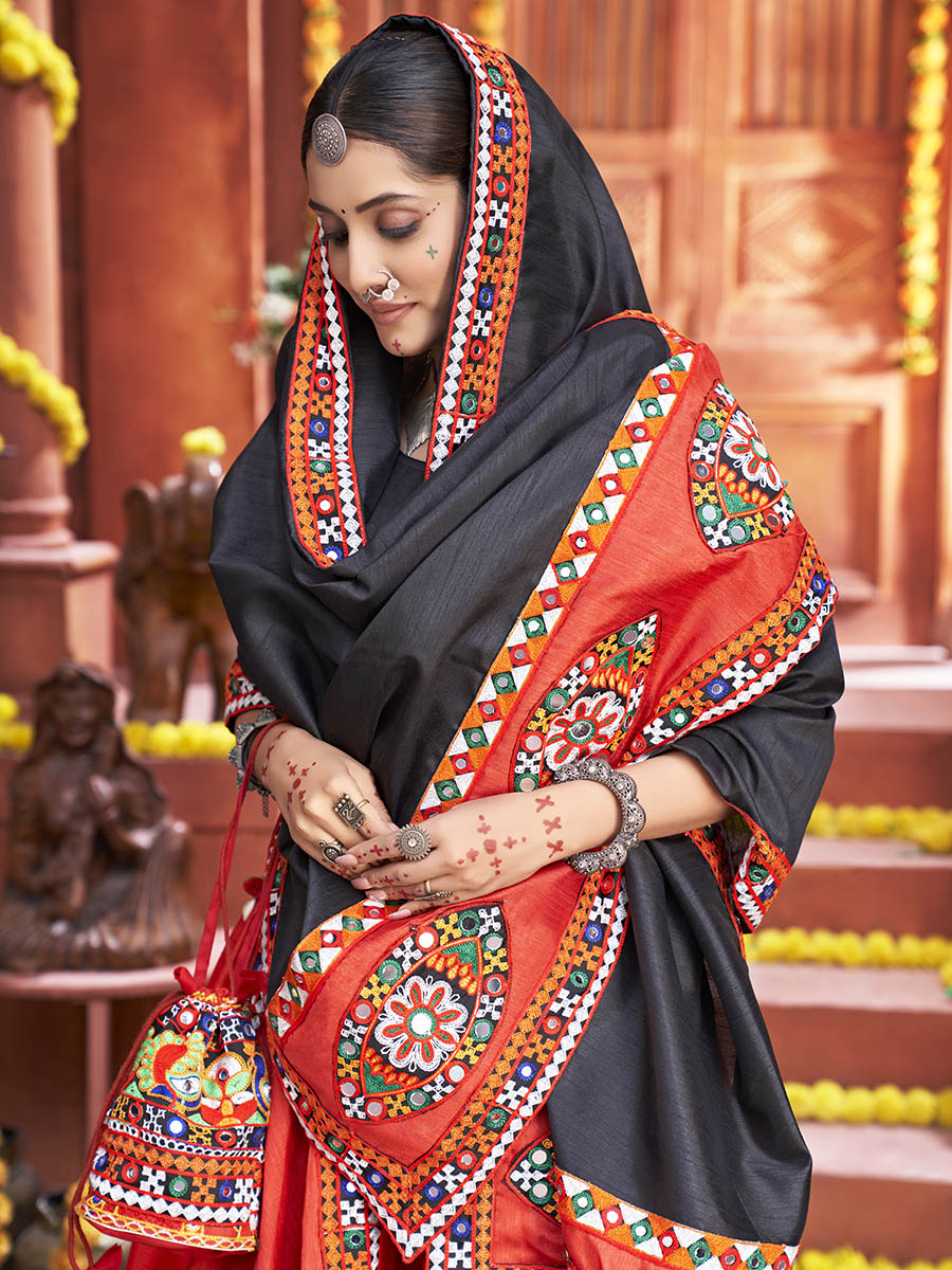 Myra Red Art Silk Gamthi Work Designer Lehenga - Distacart