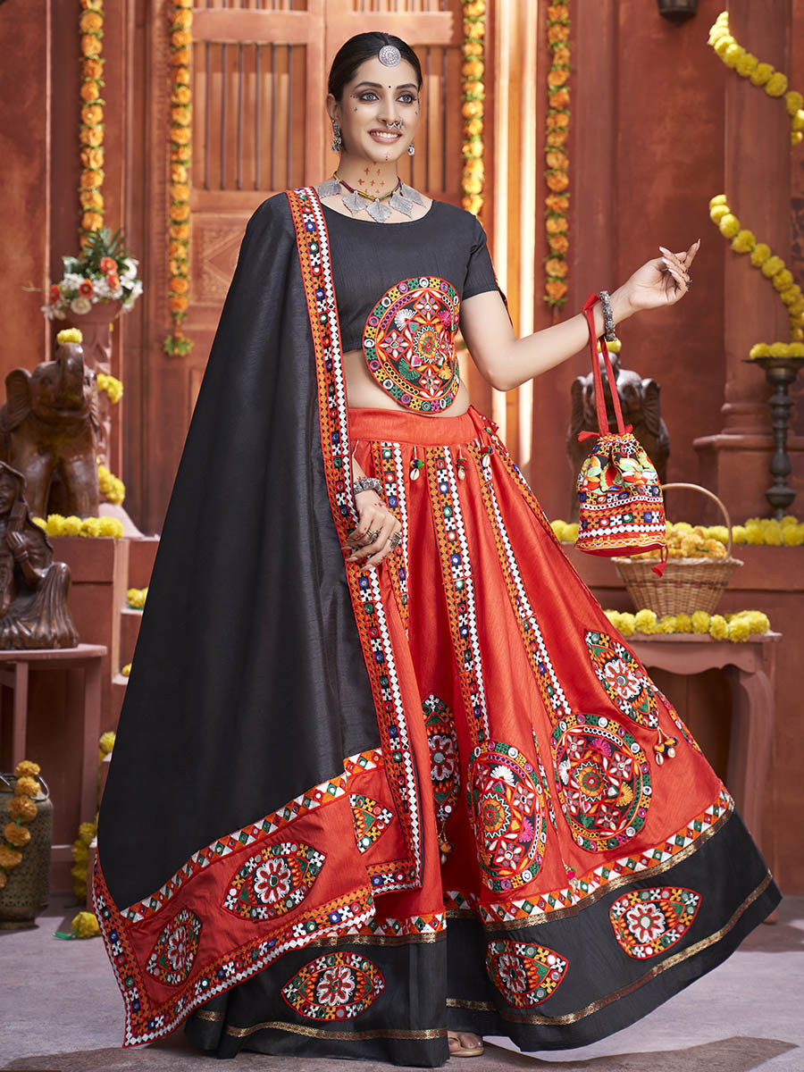 Myra Red Art Silk Gamthi Work Designer Lehenga - Distacart