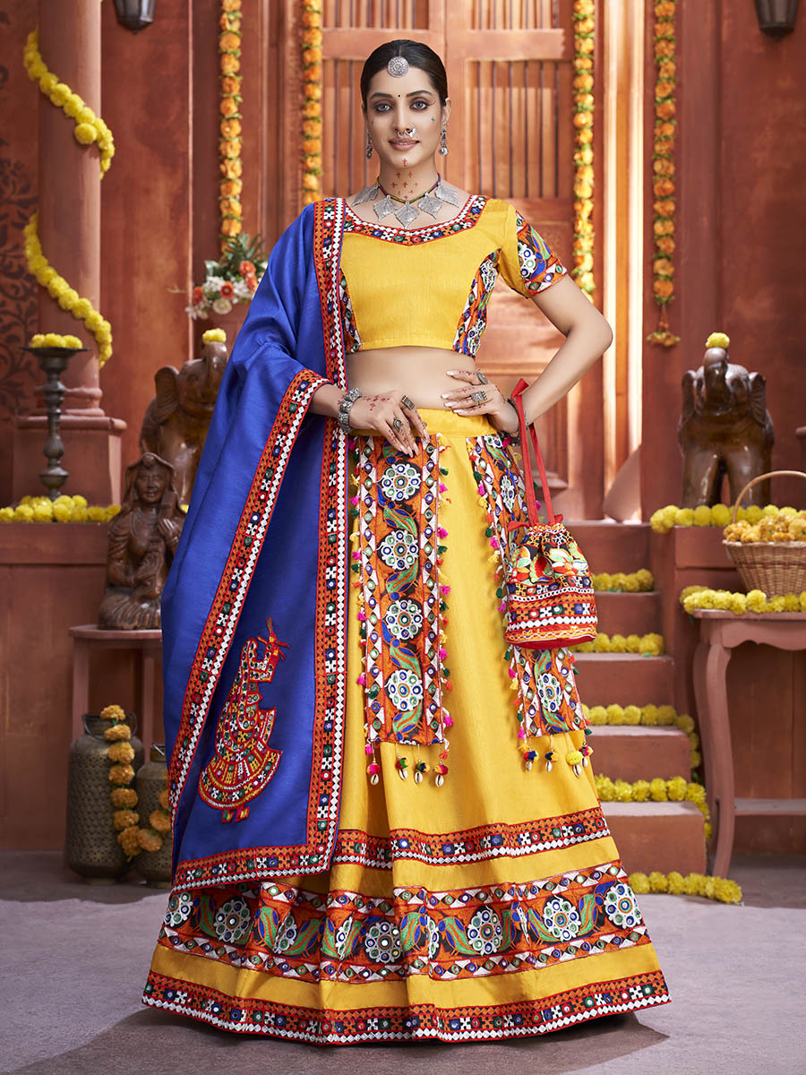 Myra Yellow Art Silk Gamthi Work Designer Lehenga