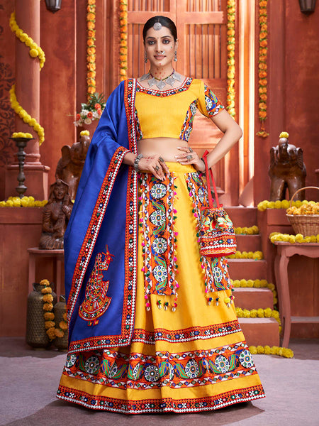 Myra Yellow Art Silk Gamthi Work Designer Lehenga