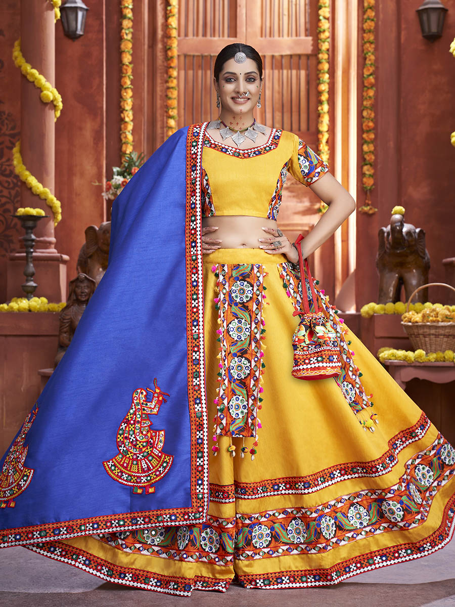 Myra Yellow Art Silk Gamthi Work Designer Lehenga