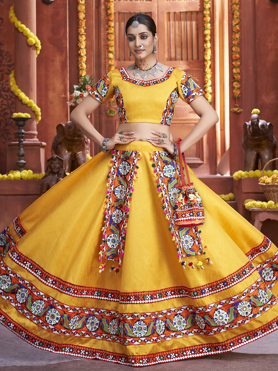 Myra Yellow Art Silk Gamthi Work Designer Lehenga