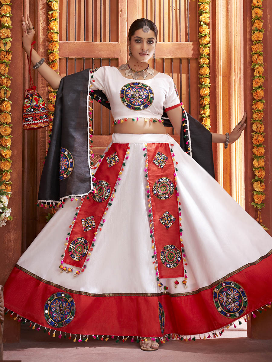 Myra White Art Silk Gamthi Work Designer Lehenga