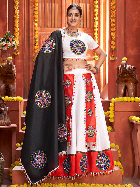 Myra White Art Silk Gamthi Work Designer Lehenga